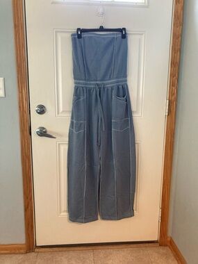 Strapless Wide-Leg Jumpsuit in Slate Blue with Drawstring Waist Barrel Leg